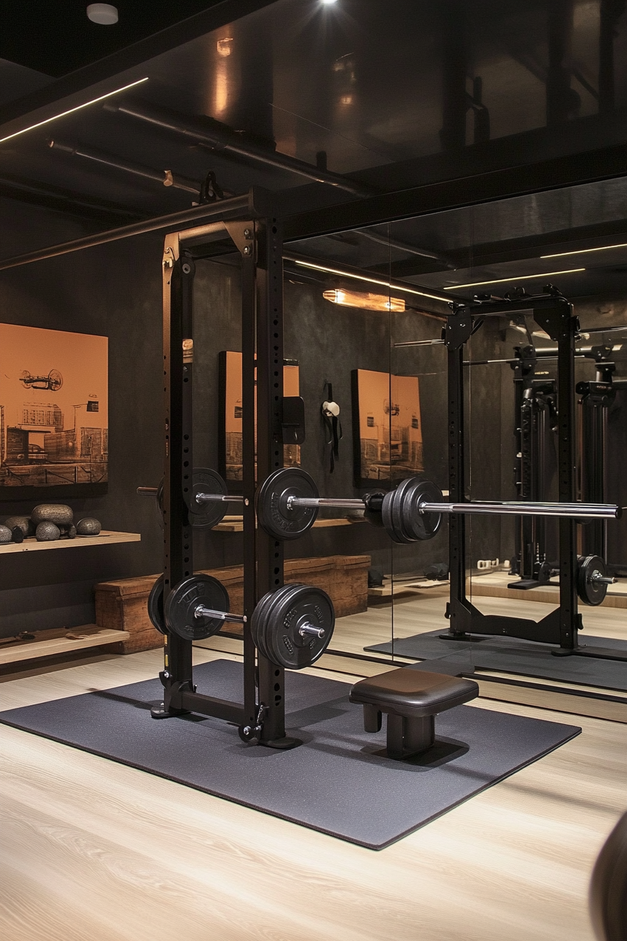 Contemporary tiny gym. Mirror wall, loaded barbell, small storage unit, uncluttered workout mat area.