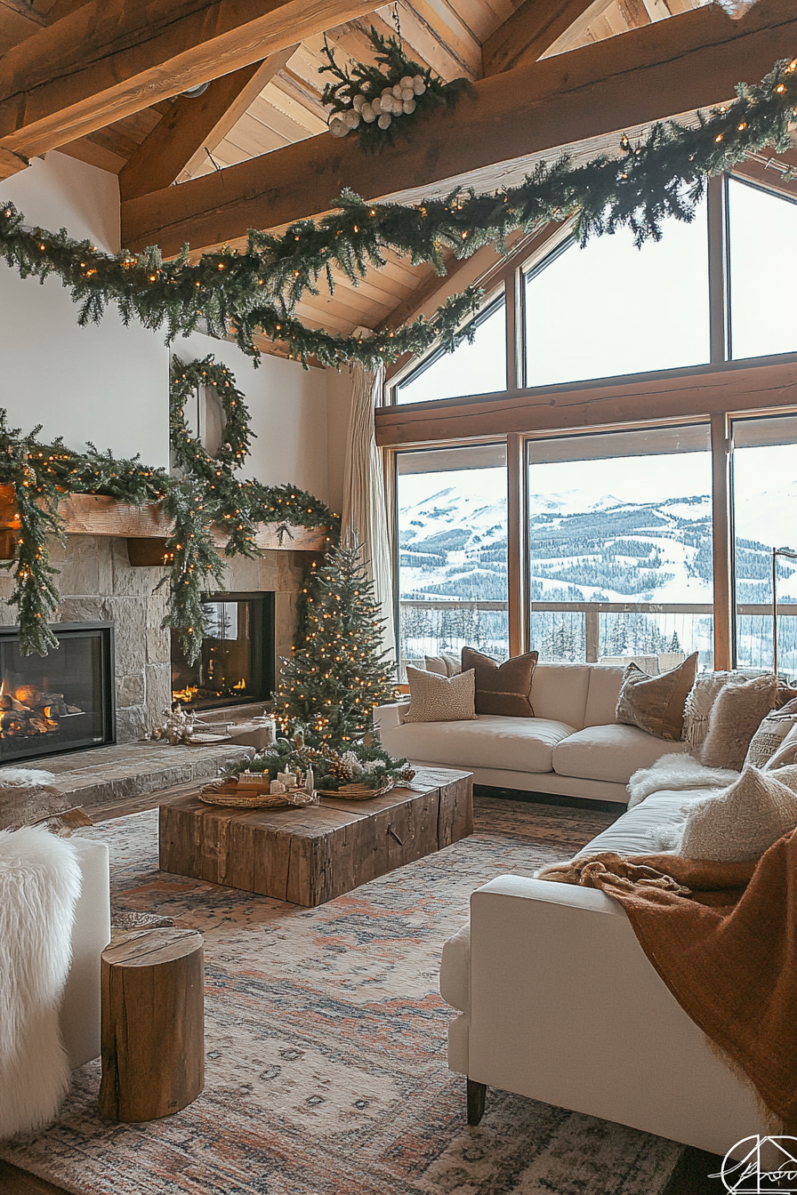 Farmhouse-style space. Pine garlands, wooden ornaments, wide-angle, snowy mountain backdrop.