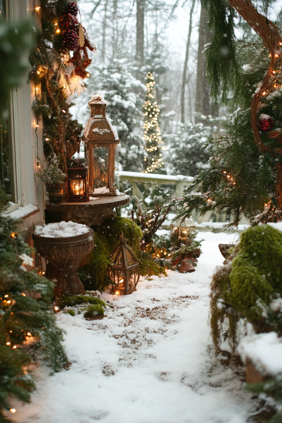 Whimsical holiday space. wide angle of mossy woodland decorations among snowy pines.