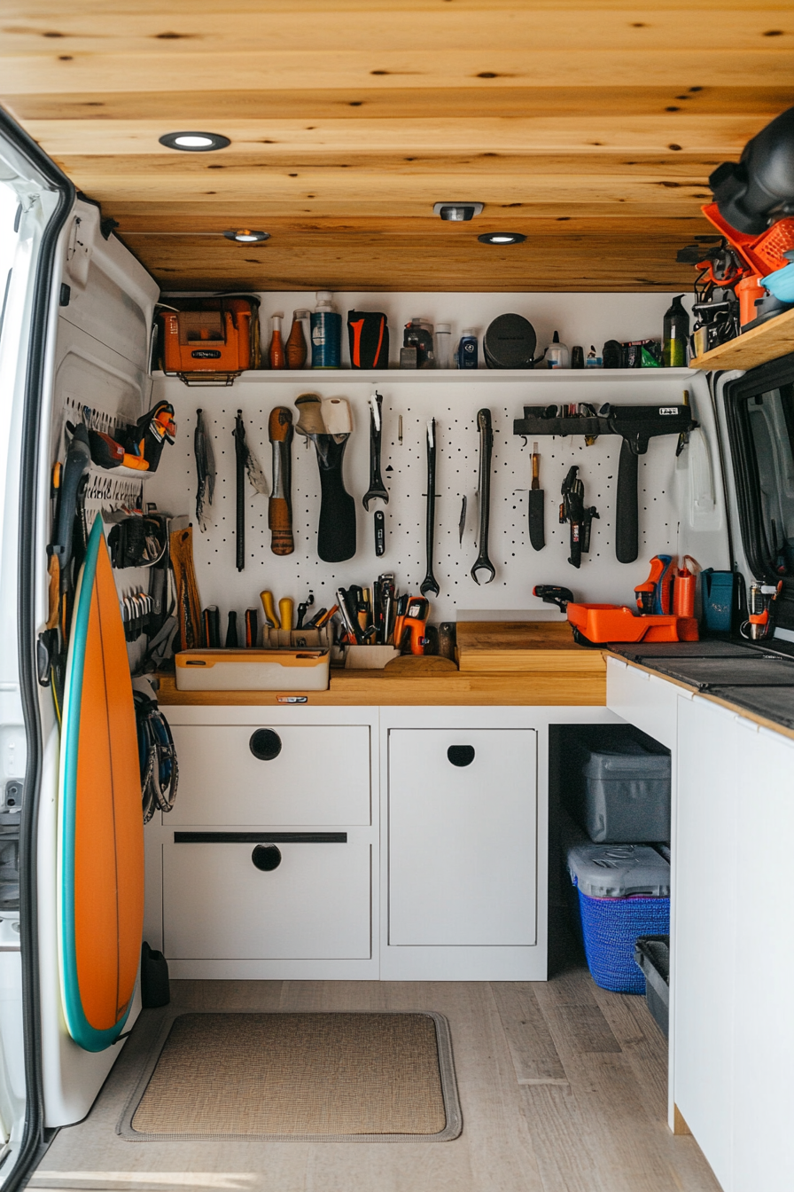 Surf-style van workshop. White tool wall with colorful surf wax station.