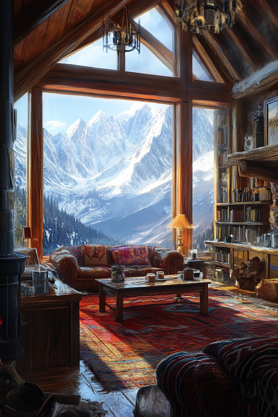 Ski lodge interior. Wool blankets, hot cocoa station, window onto snow-capped peaks.