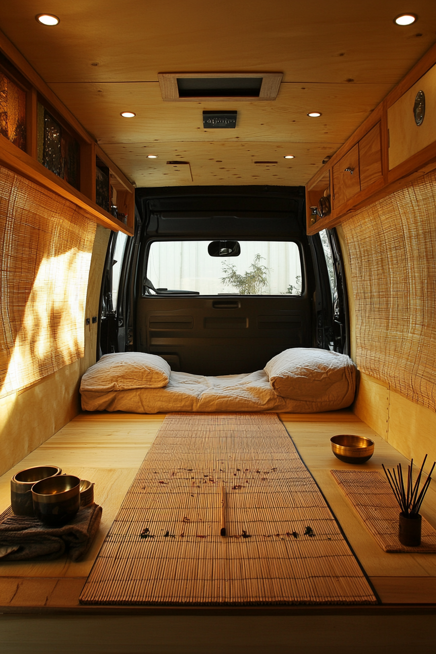 Zen-style van meditation room. Bamboo mat, incense holder, and cobalt singing bowls.