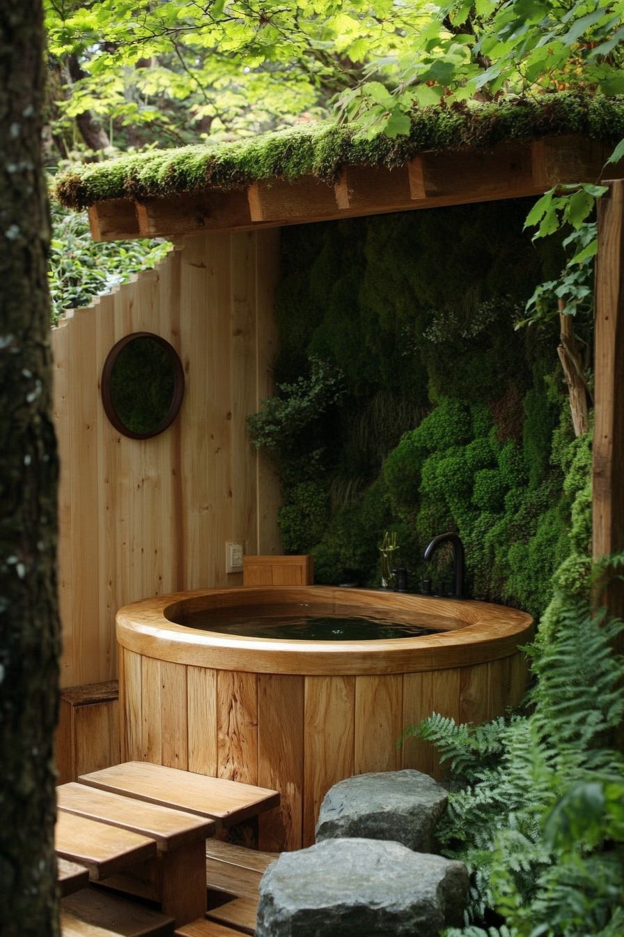 Tiny bathhouse. Birchwood soaking tub, mossy green plant wall, stone meditation bench.