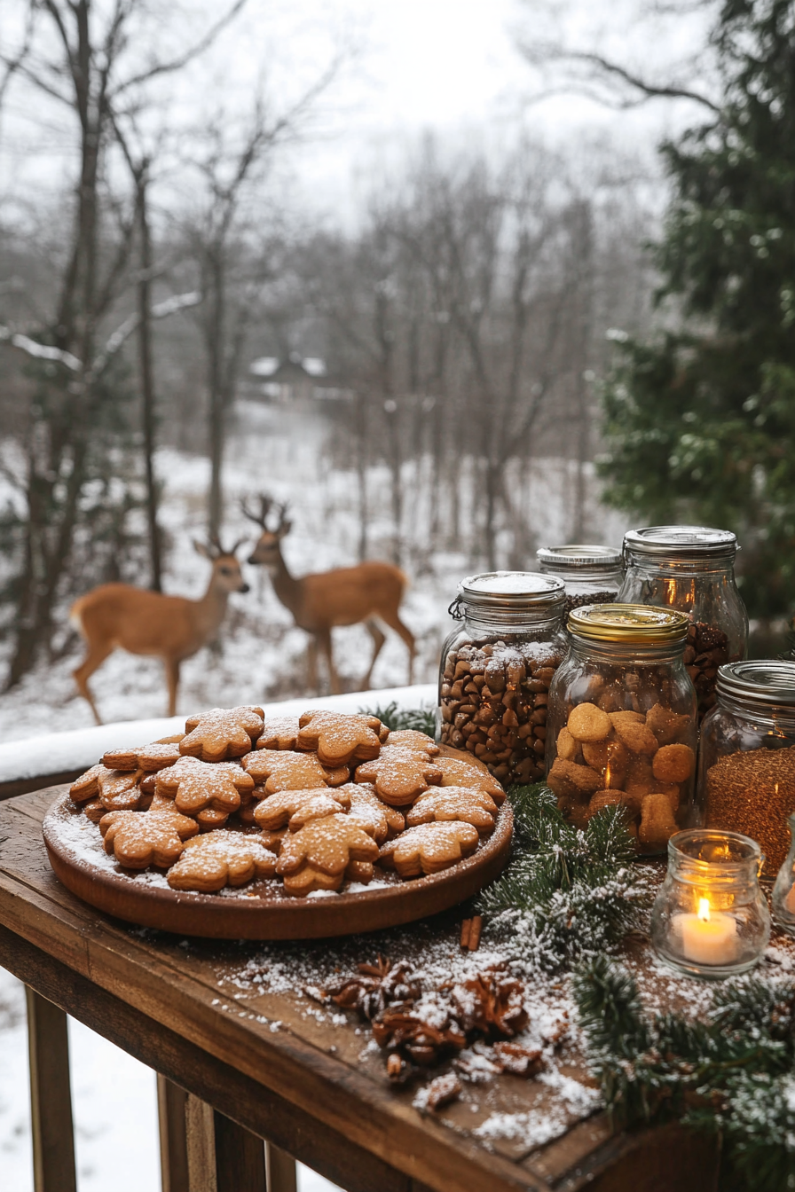 Wide angle holiday baking haven. Gingerbread cookies on deck, spice jars, deer in snow.