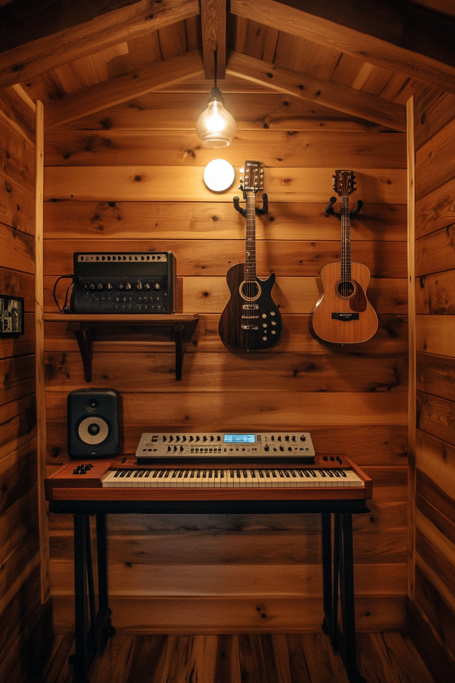 Woodland-style tiny music room. Mahogany walls, white noise machine, wall-mounted keyboard, oak guitar rack.