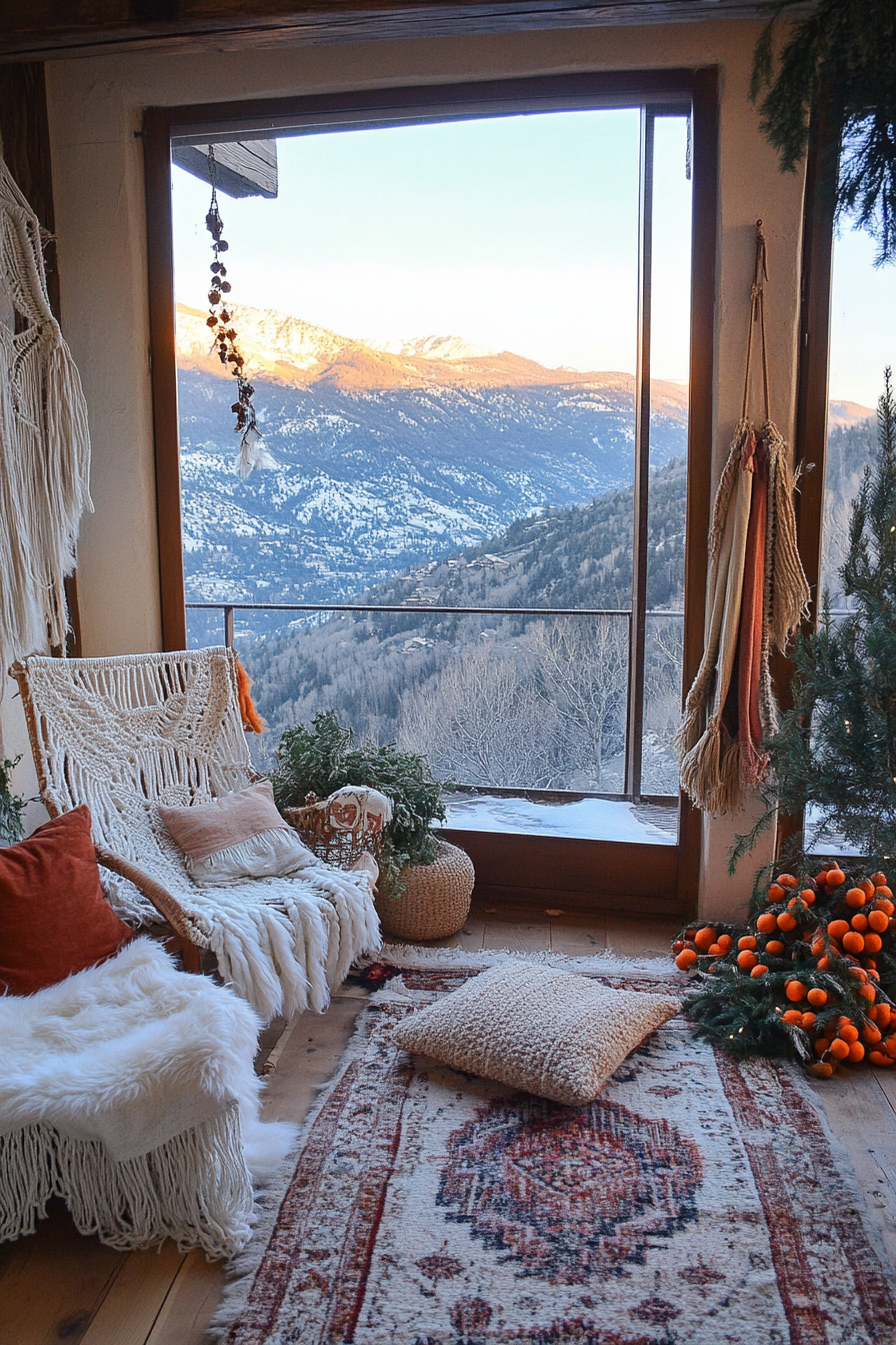 Eclectic holiday space. Macramé stockings, dried orange garlands, large window overlooking mountain sunset.