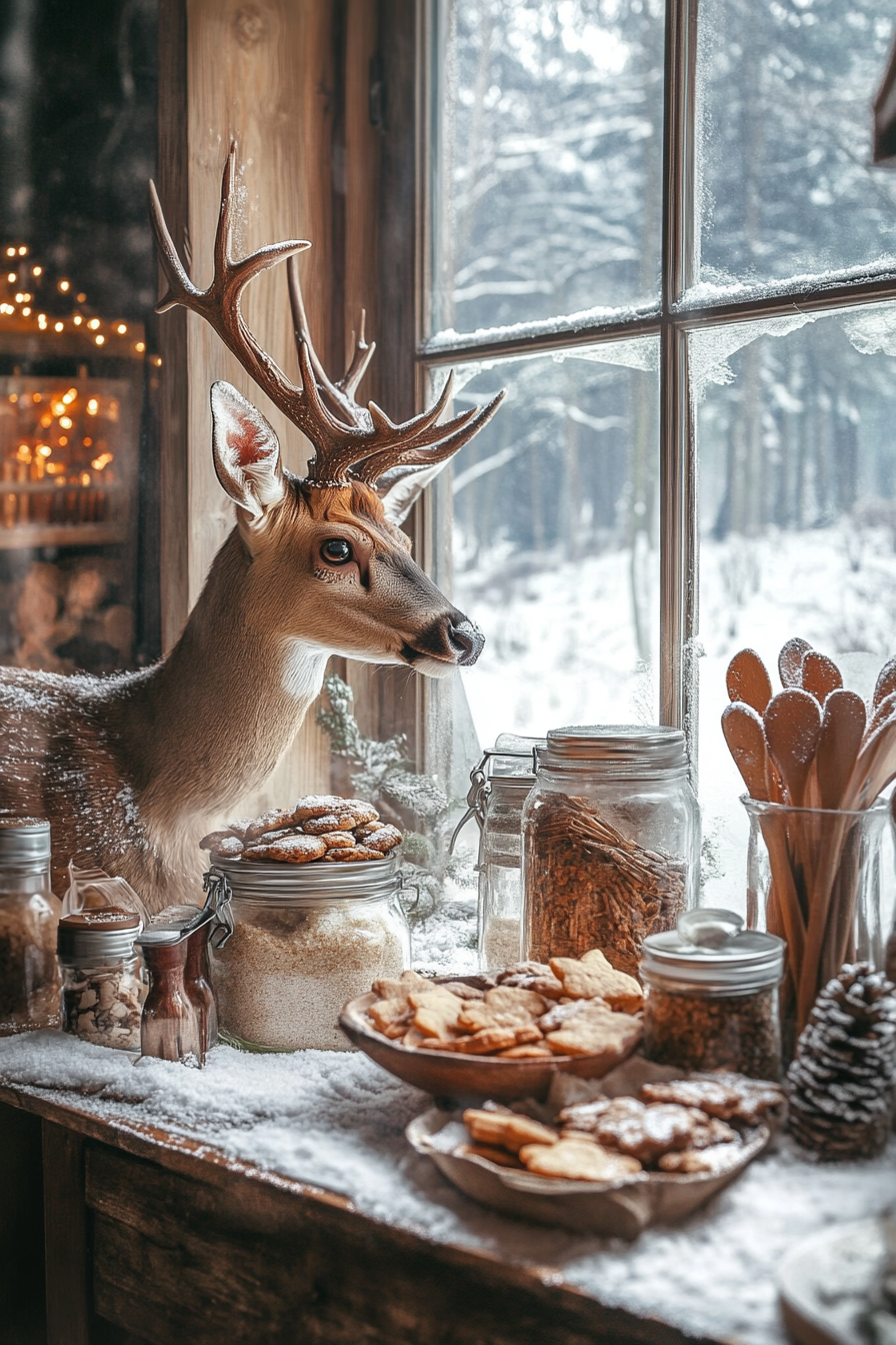 Holiday view. Deer in the snowy meadow alongside rustic kitchen with arrayed ingredients for cookies.