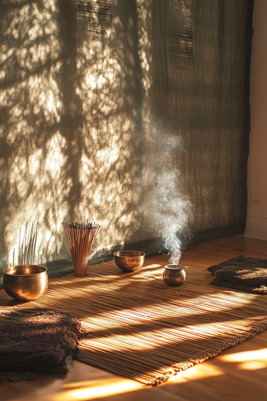 Van Meditation Room. Bamboo mat, incense holder, silver singing bowls, sage walls.