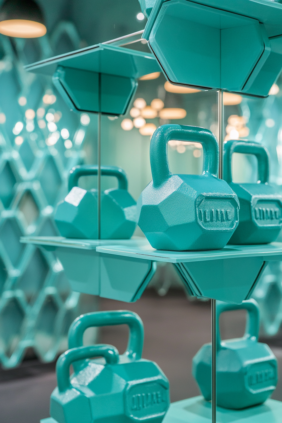 Contemporary tiny gym. Mirror wall encompassing aqua-colored kettlebells on hexagonal shelves.