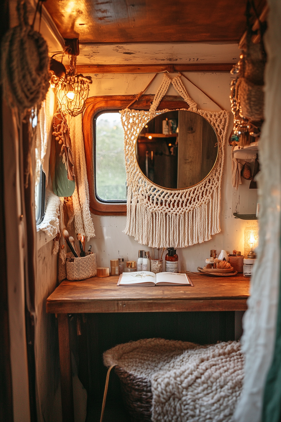 Bohemian Van Vanity. Hanging macramé makeup organizer, gold-ring light on rustic folding mirror.