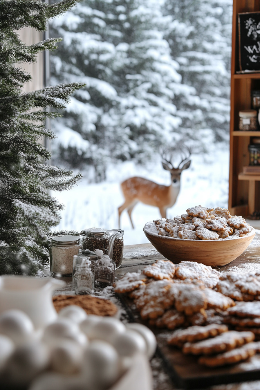 Wide angle holiday baking view. Cookie station and spice storage, deer in snowy meadow.