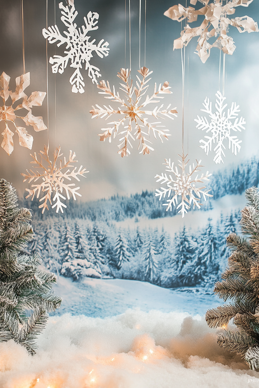 Wide angle view of Christmas decor. Frosted valley backdrop with dangling paper snowflakes lit subtly.