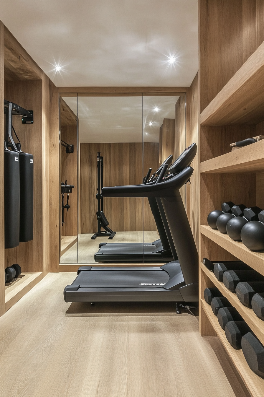 Contemporary tiny gym. Matte black elliptical machine, mirrored wall, bamboo equipment storage.