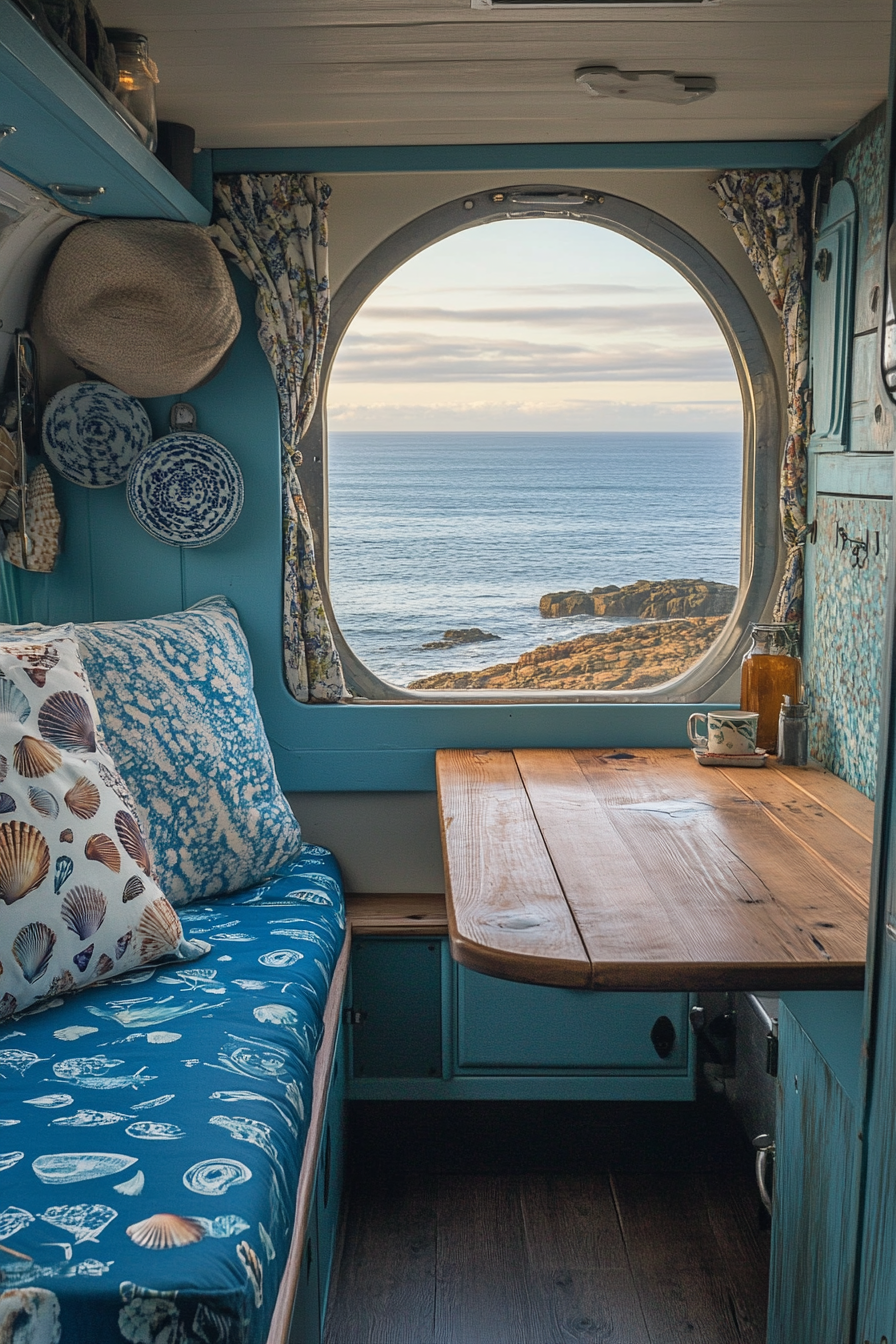 Van dining area. Blue seats, shell decor, wooden fold-out table, porthole window with sea views.