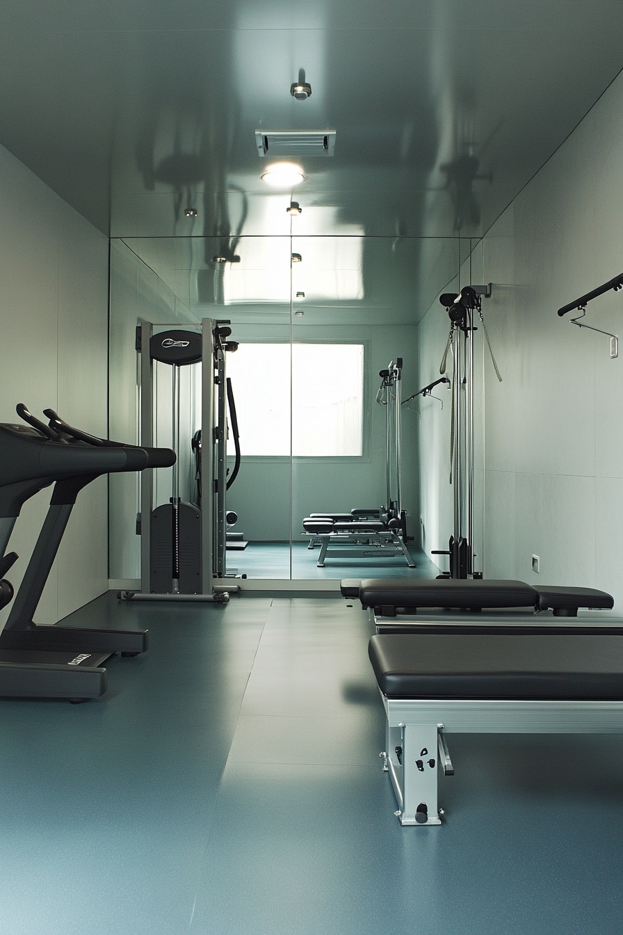 Contemporary tiny gym. Understated colored flooring, organized steel gray equipment, floor-to-ceiling mirror wall.