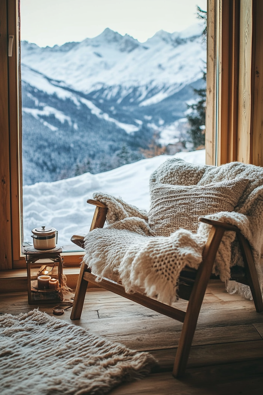 Ski lodge inspired interior. Wool blanket on wooden chair, hot cocoa station near window, snow-peaked view.