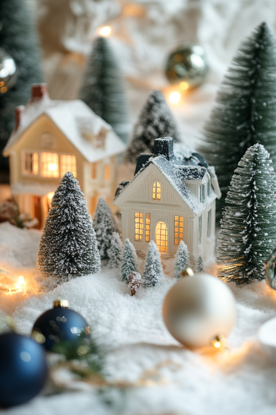 Elegant Christmas interior. Snow-covered miniature village with vintage baubles and velvet ribbons.