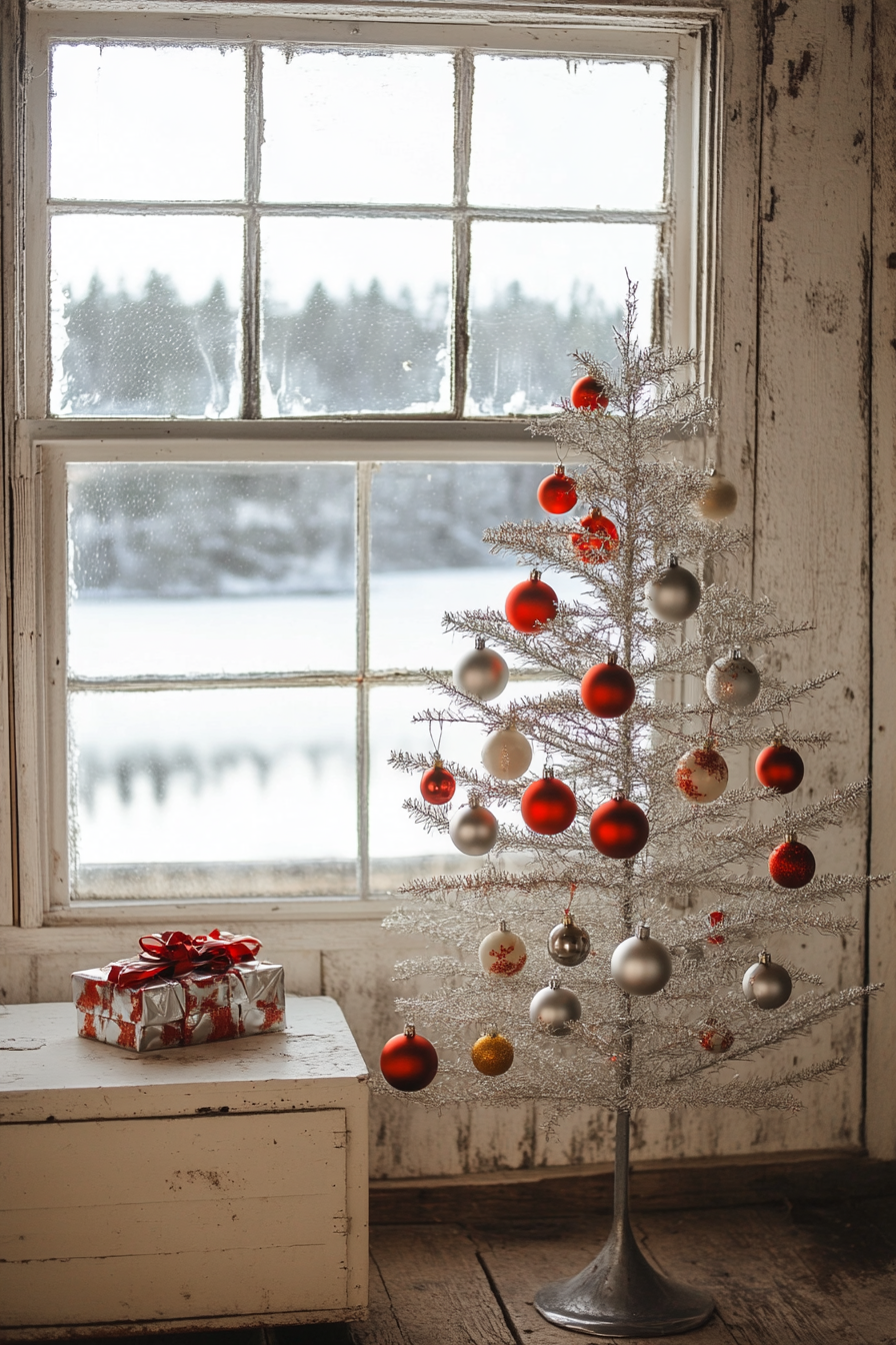 Retro-styled holiday interior. Aluminum tree adorned with classic ornaments near frosted lakeside window.