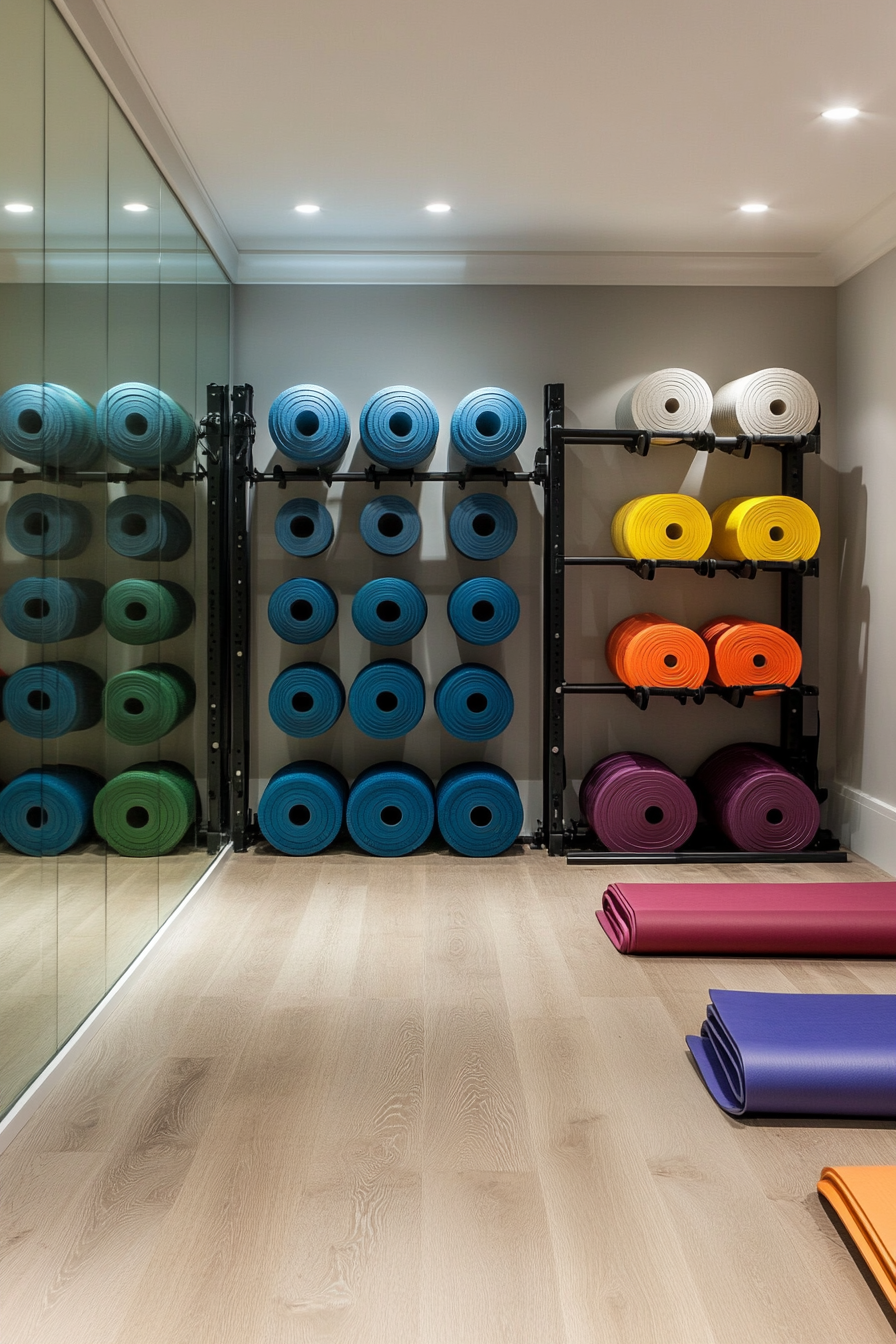 Contemporary tiny gym. Mirrored wall, floor-to-ceiling rack with yoga mats.