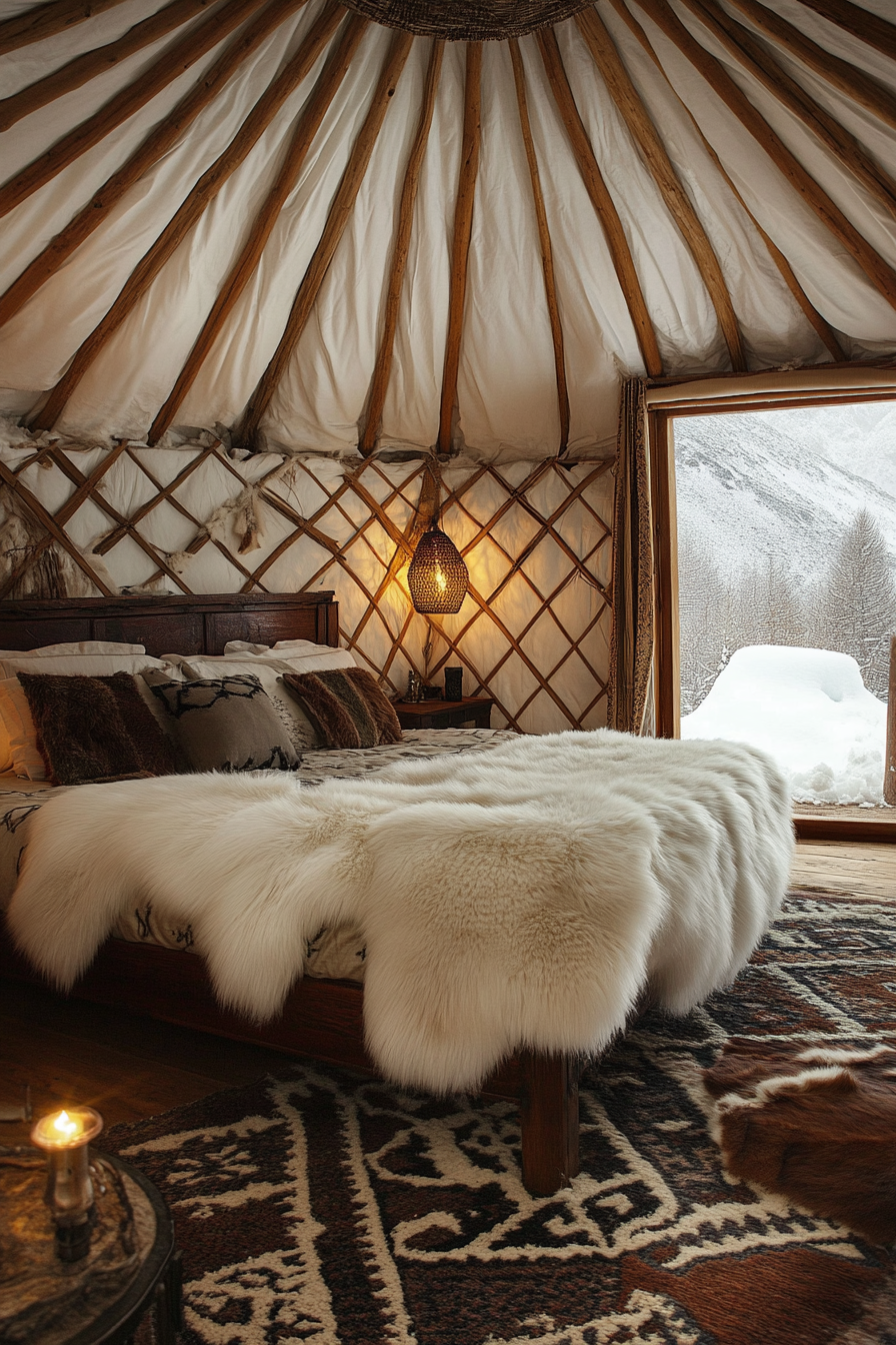 Alpine-view yurt bedroom. Dark oak rustic bed adorned with snow-white fur throws.