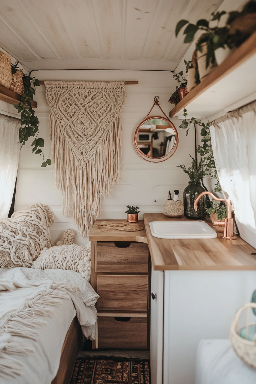 Bohemian van vanity area. Macrame wall hanging, oak finish storage, copper ring light, distressed folding mirror.