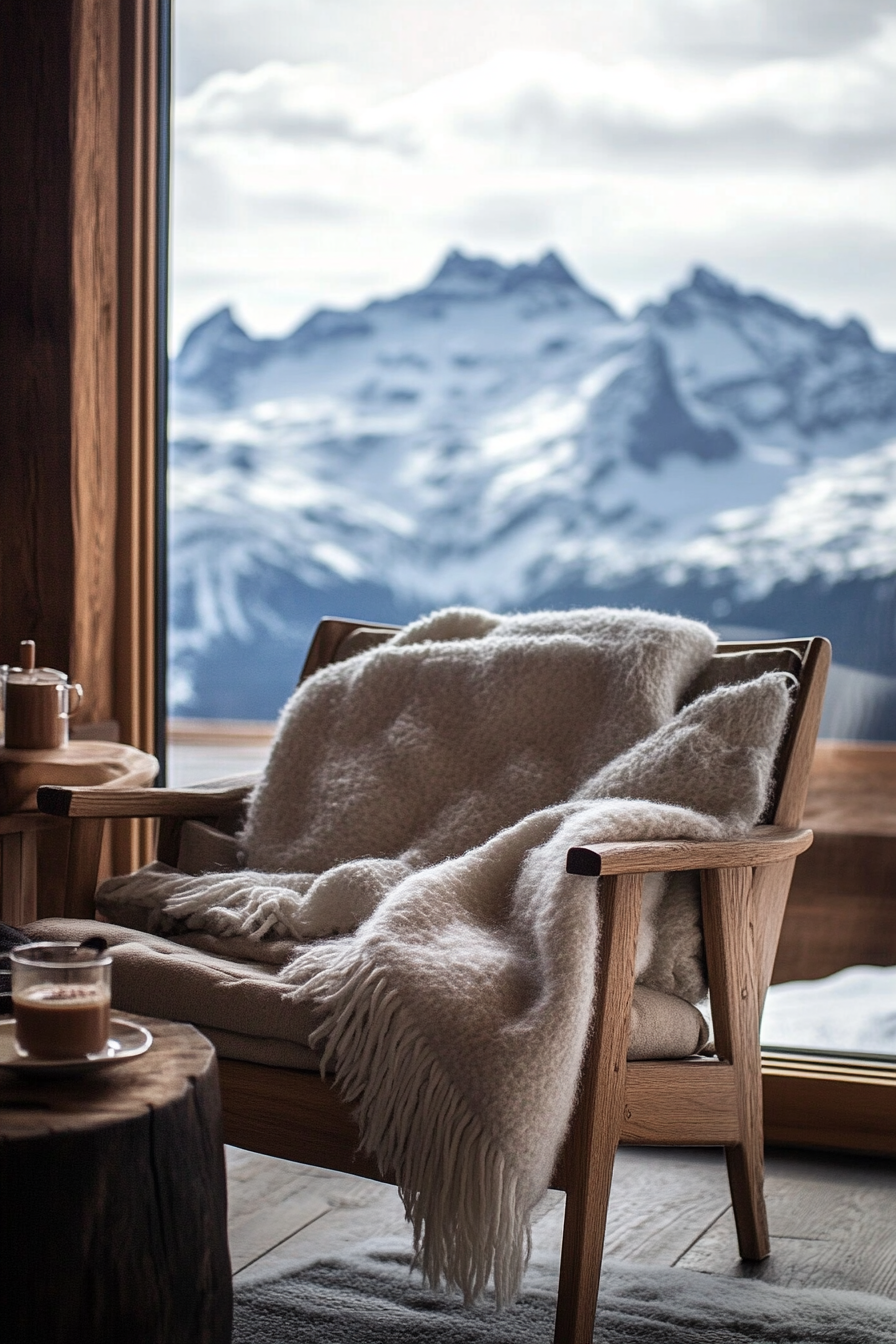 Ski lodge interior. Wool blankets on oak armchair, hot cocoa station, snow-capped peaks view.