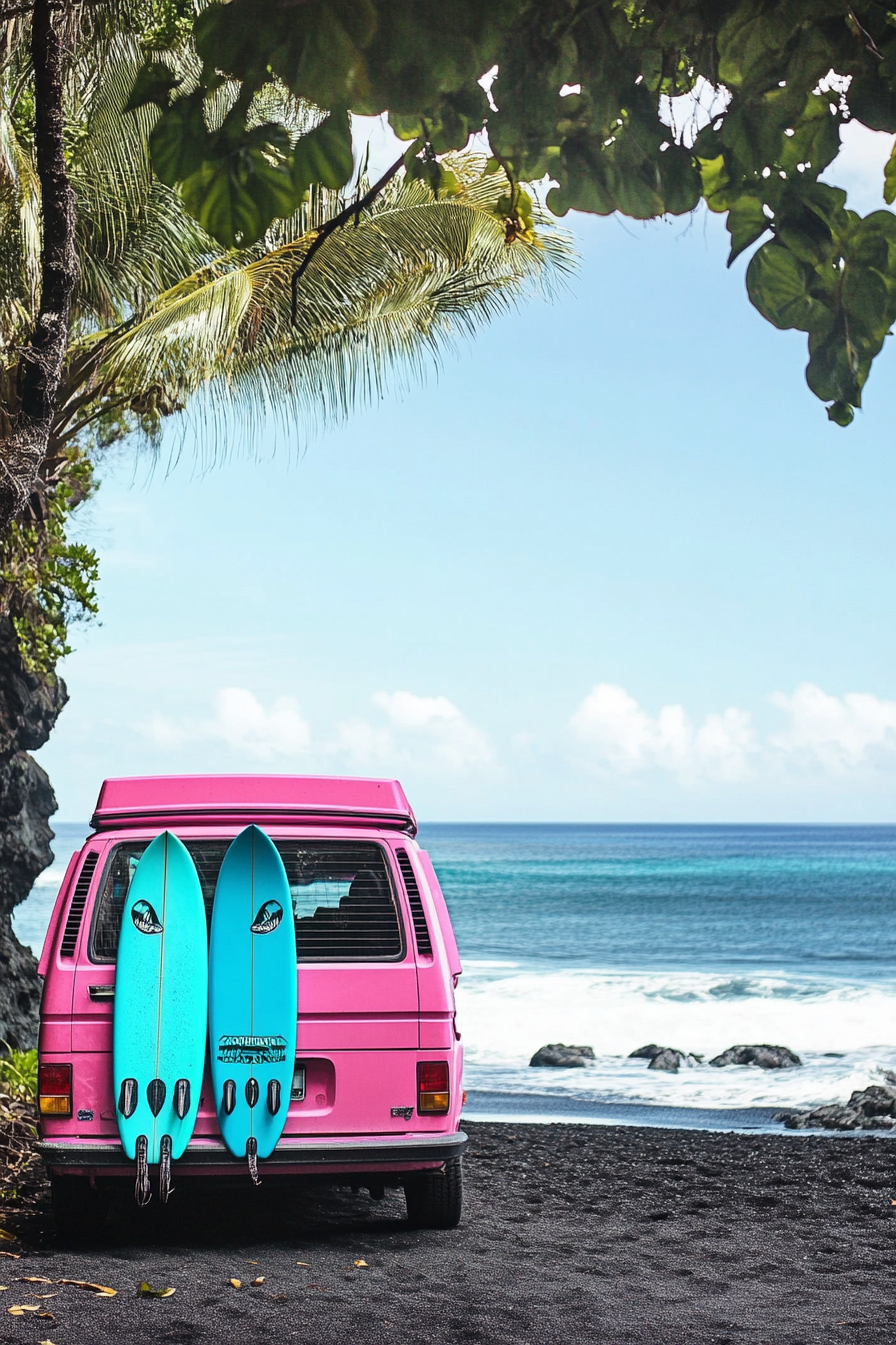 Beach van setup. Fuscia VW van on black sand beach with turquoise surfboards and outdoor shower.