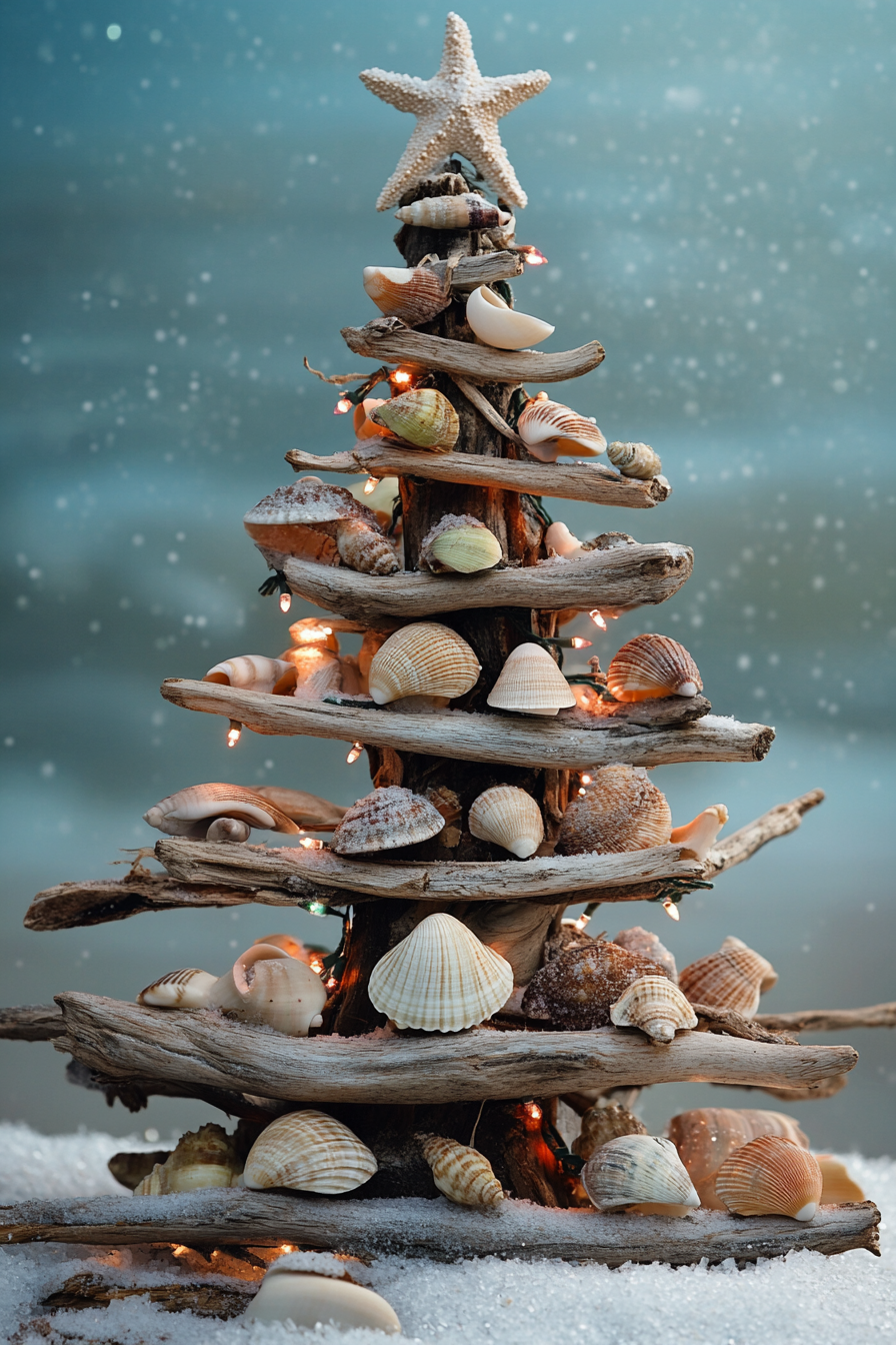 Holiday décor. Driftwood Christmas tree with shell ornaments, set against a winter beach backdrop.