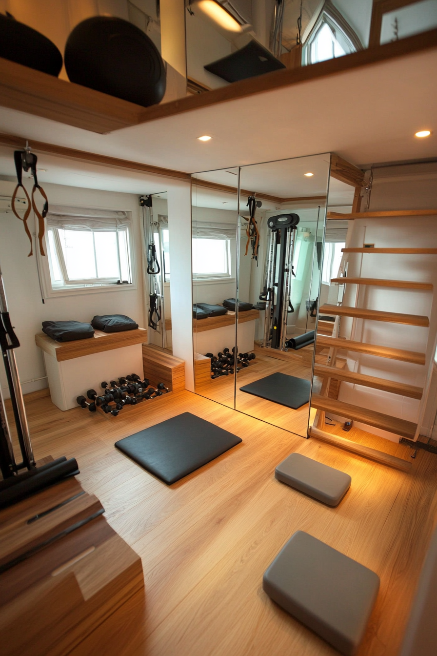 Contemporary tiny gym. Wall-to-wall mirrors, dual-purpose equipment storage, chic wooden flooring.