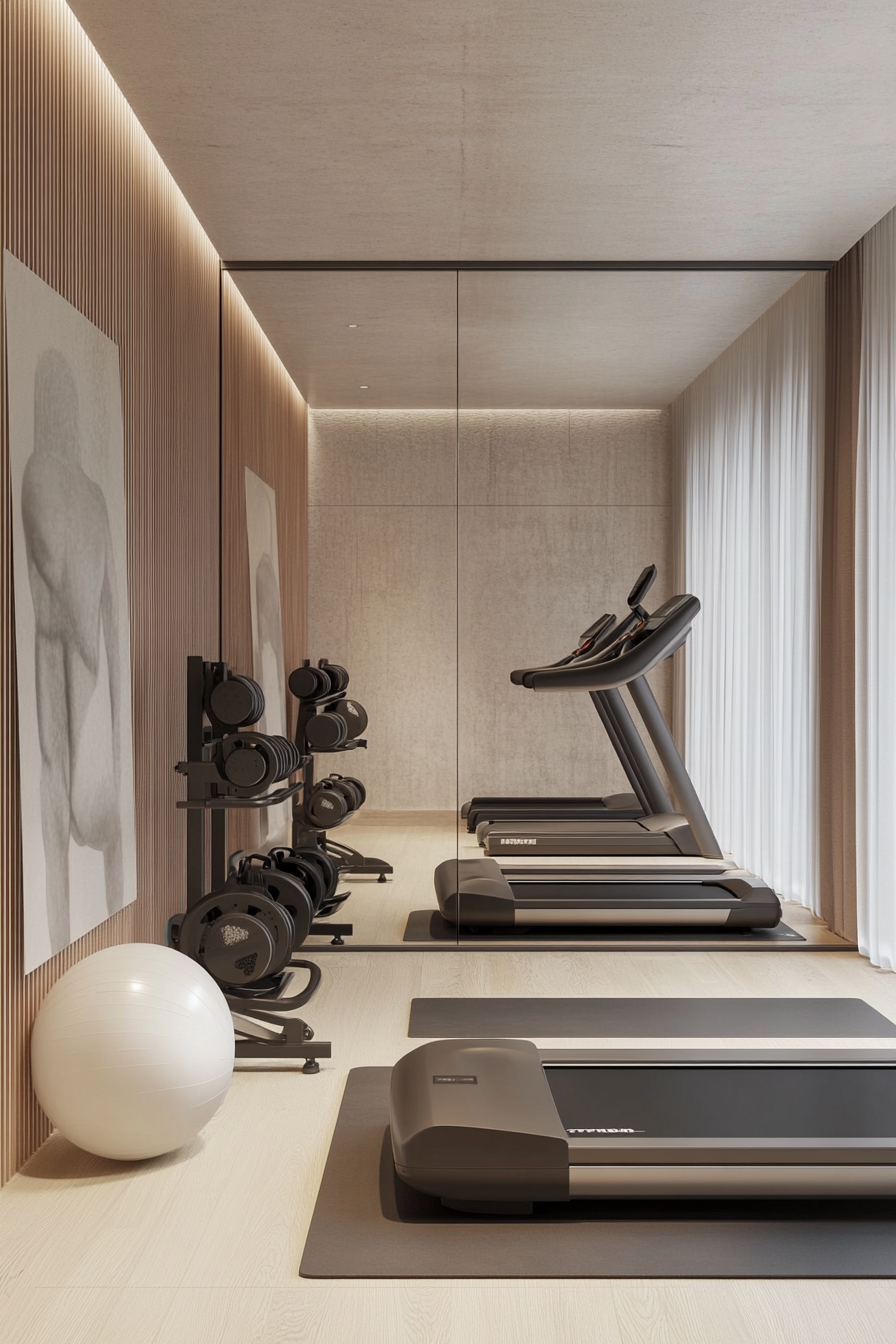 Contemporary tiny gym. Mirror wall, foldable treadmill, vertical equipment storage, minimal workout mats.