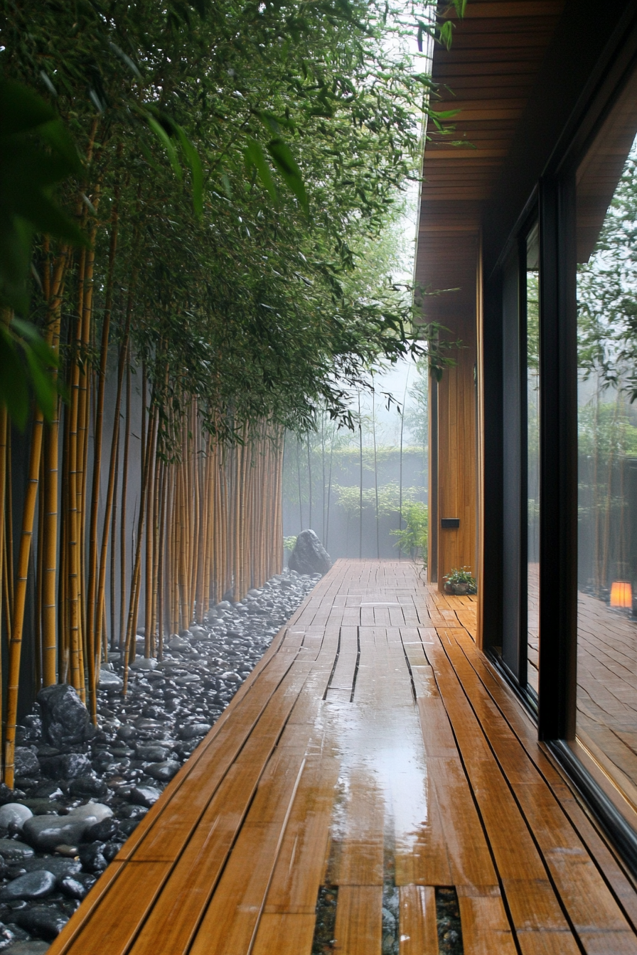 Minimalist tiny house deck. Bamboo screens, rock garden elements, misty bamboo forest.