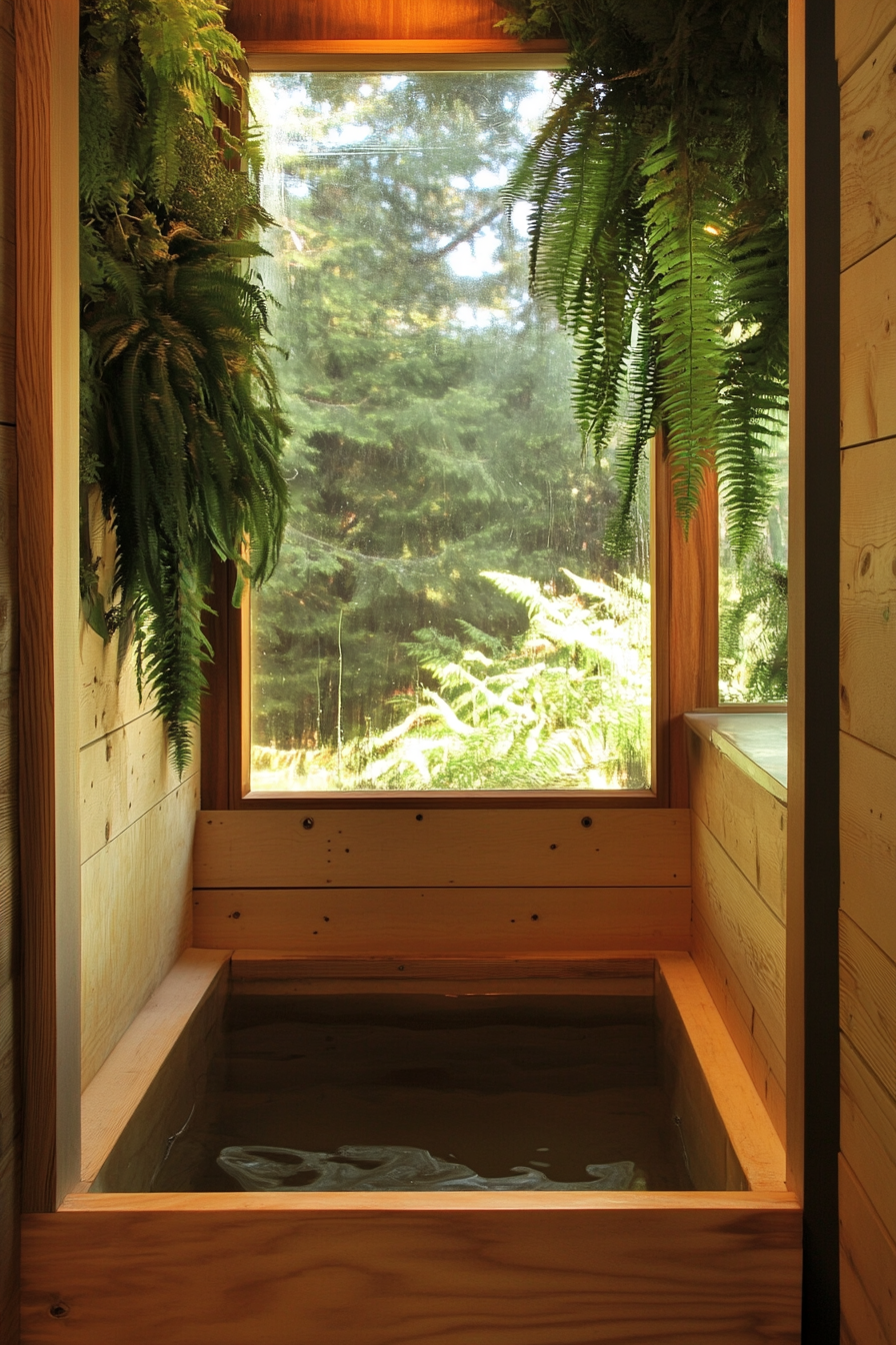 Tiny bathhouse. Frosted glass windows, hanging fern wall, wooden soaking tub.