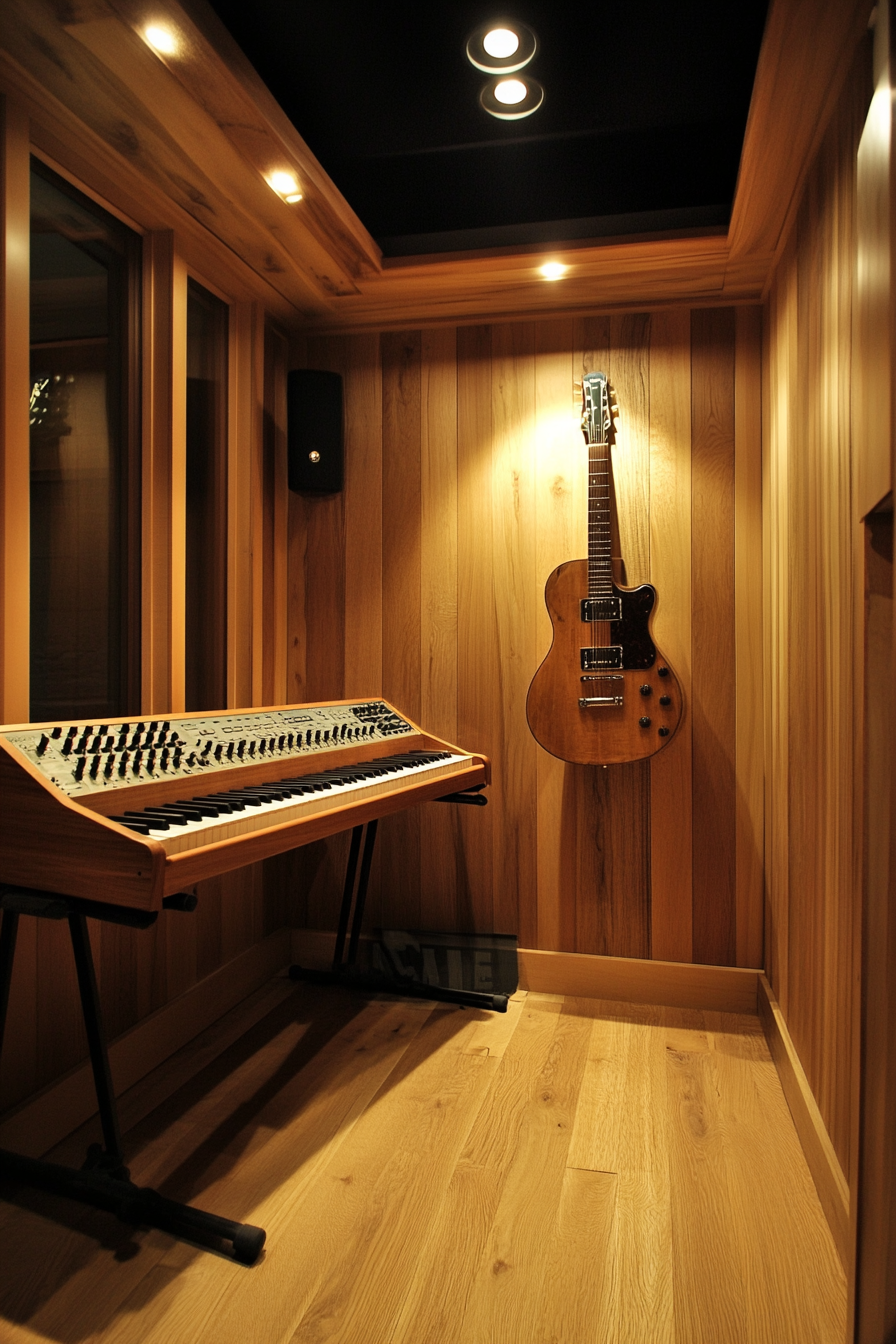 Music room. Oak paneling, ceiling-mounted soundproof, wall-hung vintage guitar, stand-up birch keyboard mount.