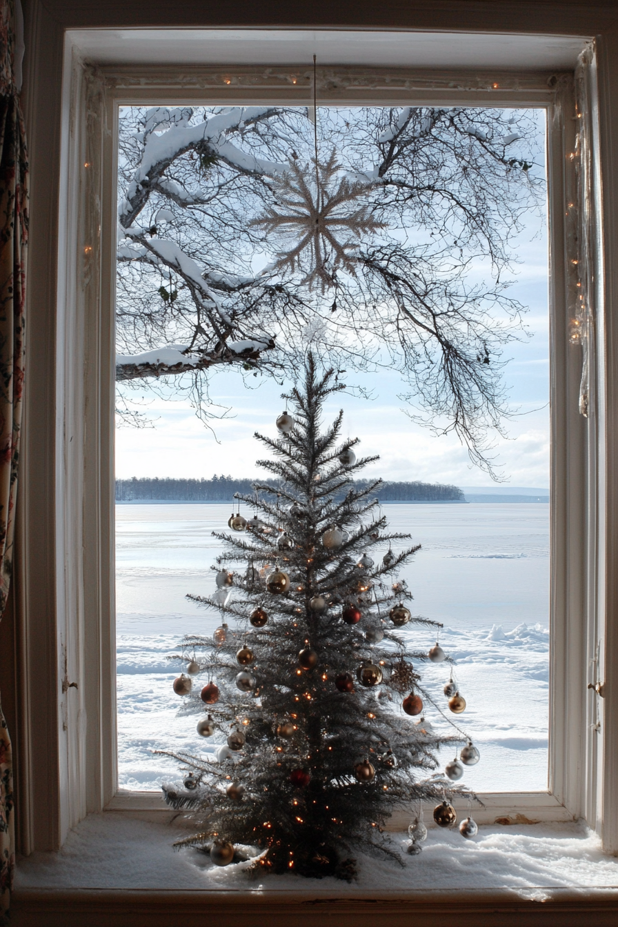 Retro-styled holiday interior. Aluminum tree beside bay window overlooking frozen lake.