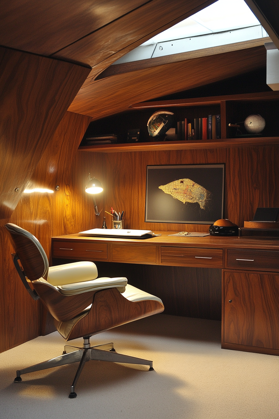 Wide-angle mobile workspace. Walnut paneled desk, vintage Eames chair in dim Poncho lighting.