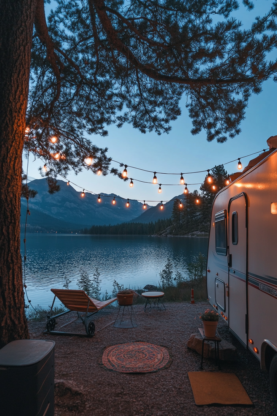 Wide-angle view. Retro-styled RV entrance with metal gliders and string lights, lakeside mountain scape.