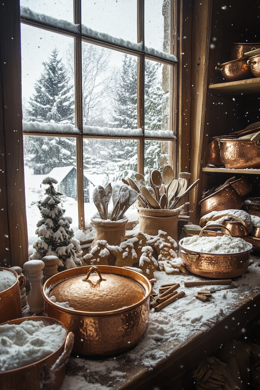 Wide angle view. Copper pots, gingerbread dough, snowfall outside kitchen window, cinnamon bundles.