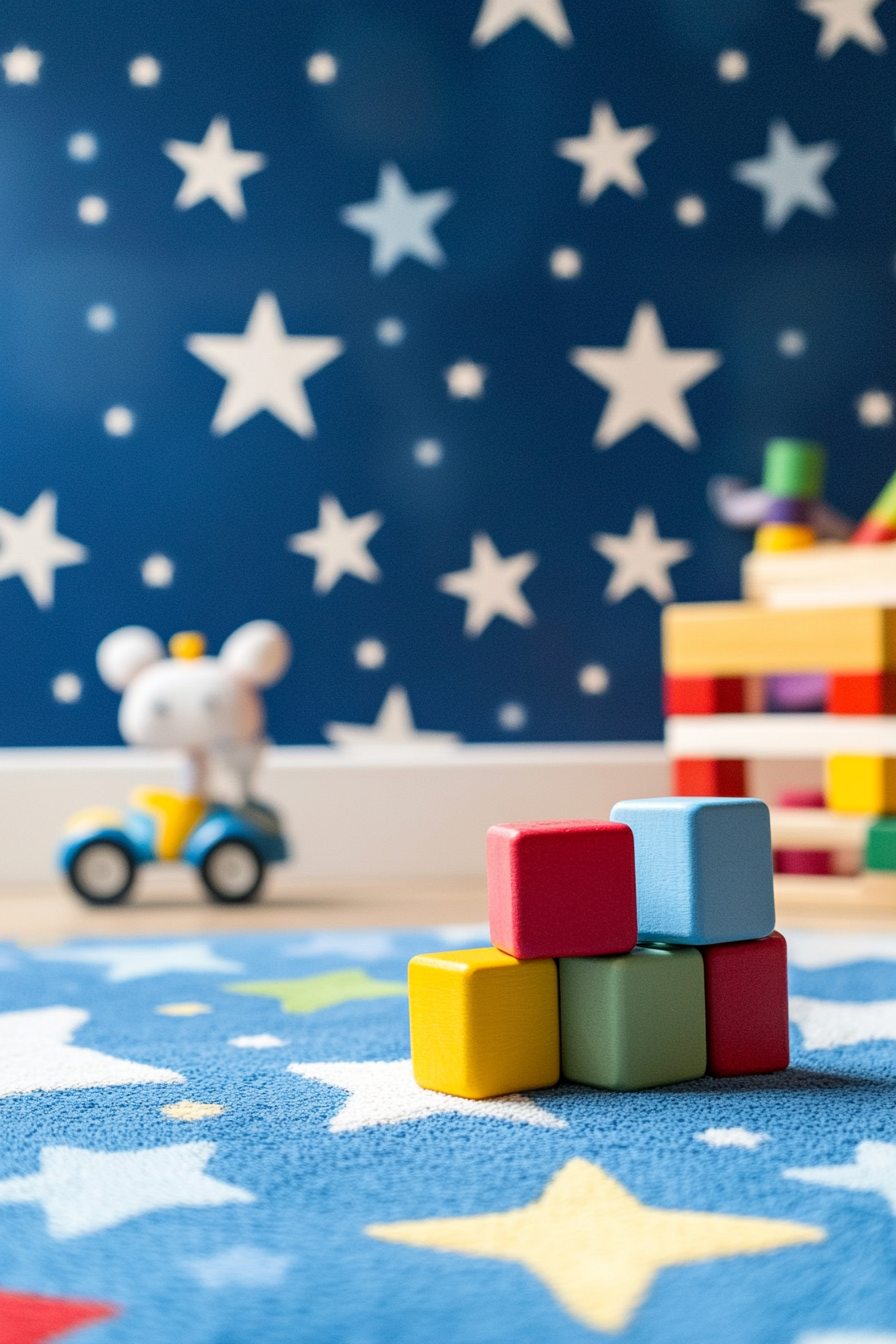 Wide angle view of cheerful baby space. Star patterned blue wallpaper, multicolored toy blocks.