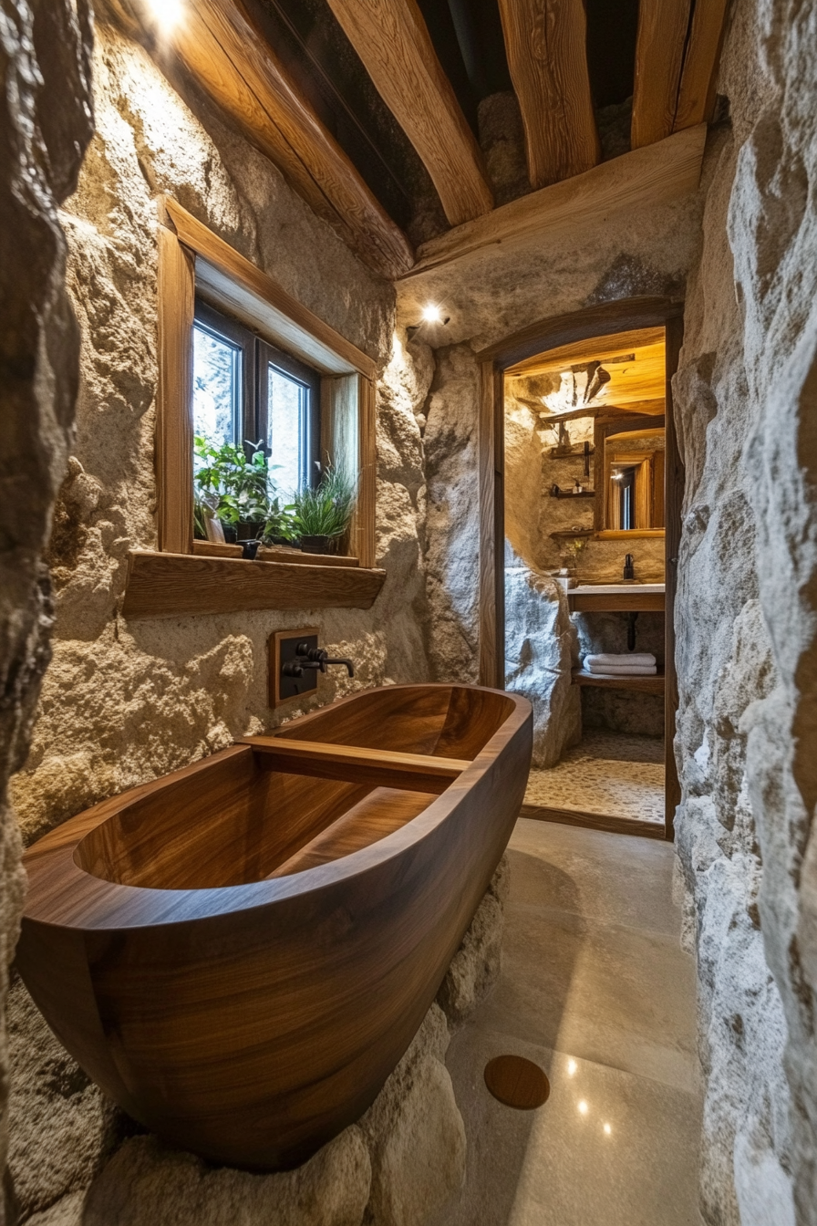 Natural tiny house bathroom. Rustic wooden soaking tub set against stonework backdrop. Wide-angle perspective.