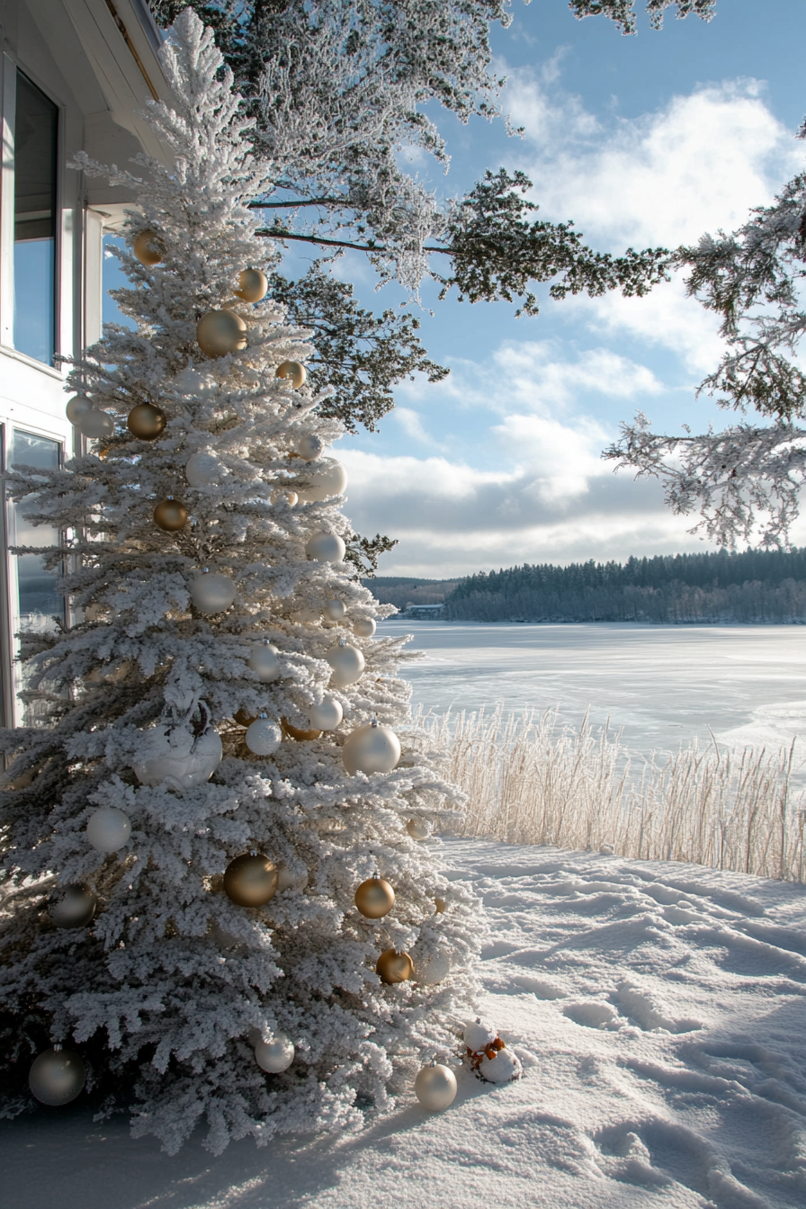 Wide angle view. Retro holiday interior. Alabaster ornaments on aluminum tree beside frozen lake.