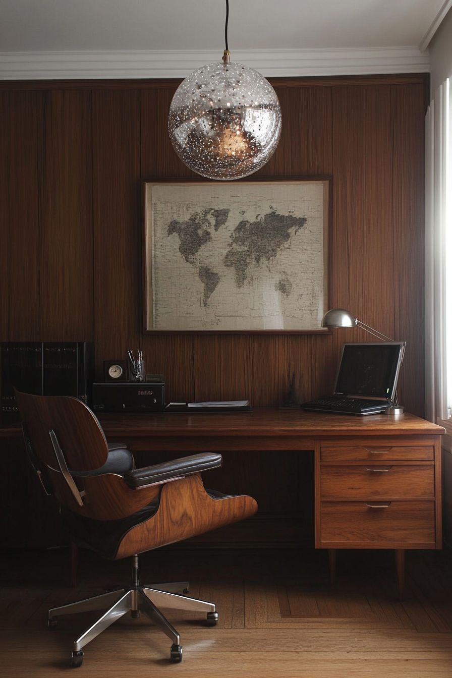 Wide angle mobile workspace. Walnut panelled desk, vintage Eames chair under sparkling pendant light.