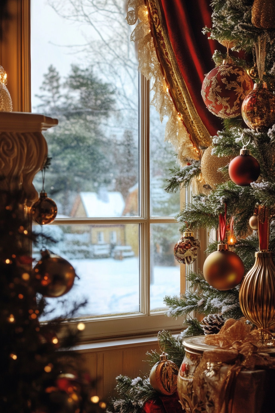 Elegant Christmas interior. Vintage ornaments, velvet ribbons, wide window offering snow-covered village view.