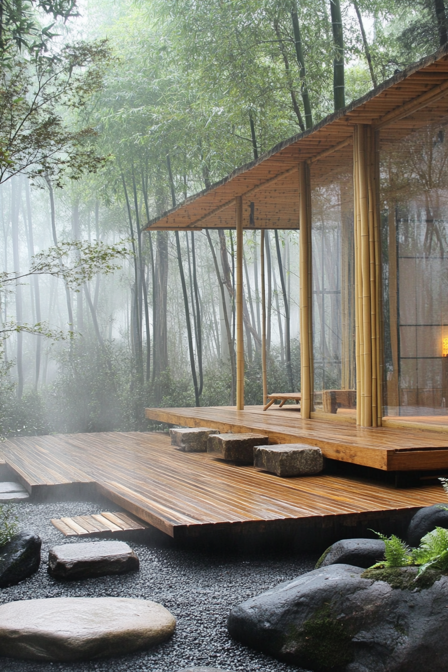 Minimalist tiny house deck. Bamboo screens, rock garden, surrounded by misty bamboo forest.