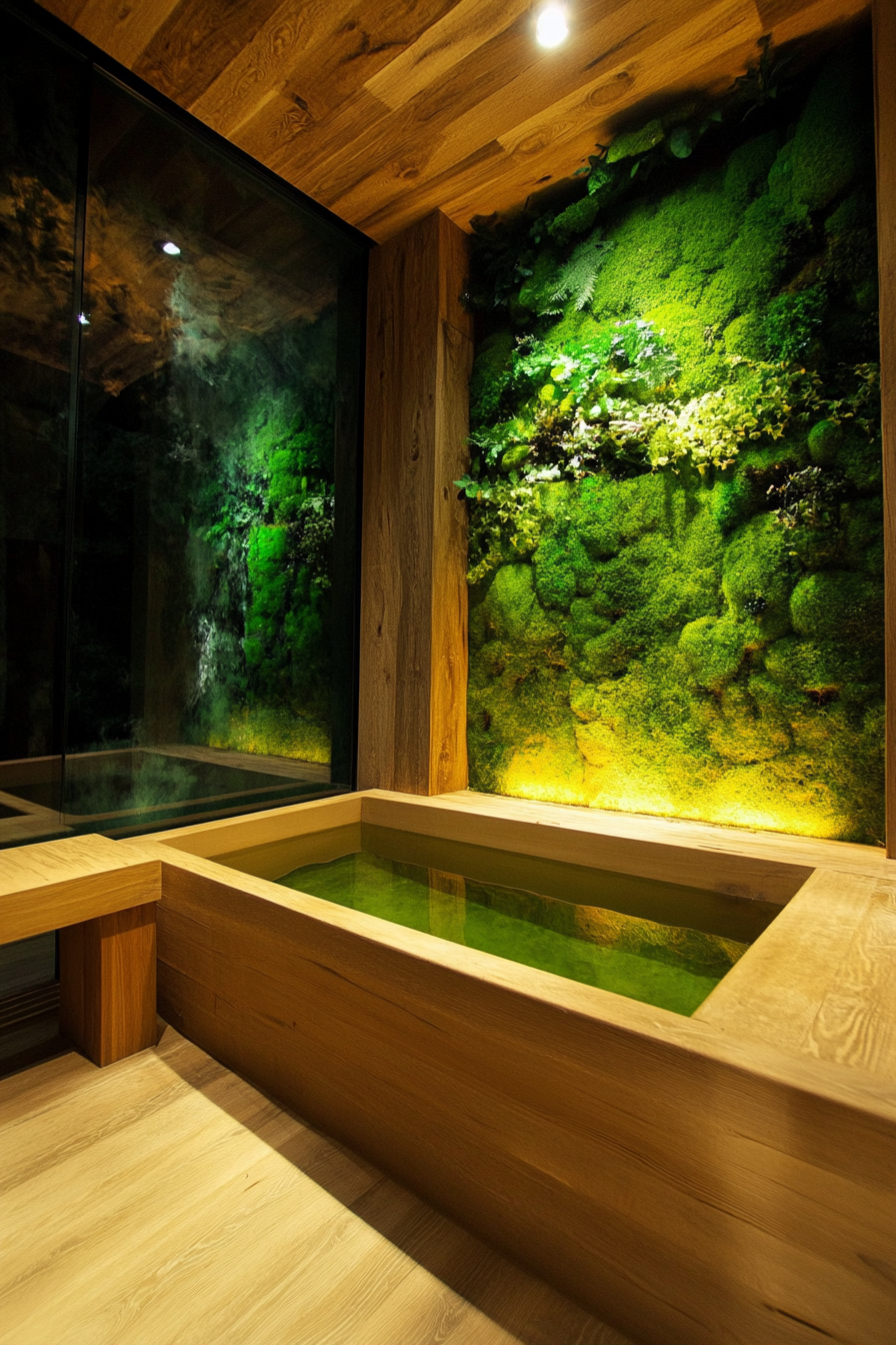 Tiny bathhouse. Bamboo soaking tub with verdant moss wall and wooden meditation bench.