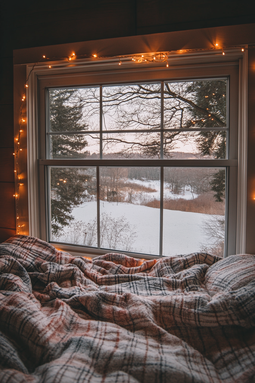 Wide angle view. Flannel bedding, string lights, winter landscape beyond window.