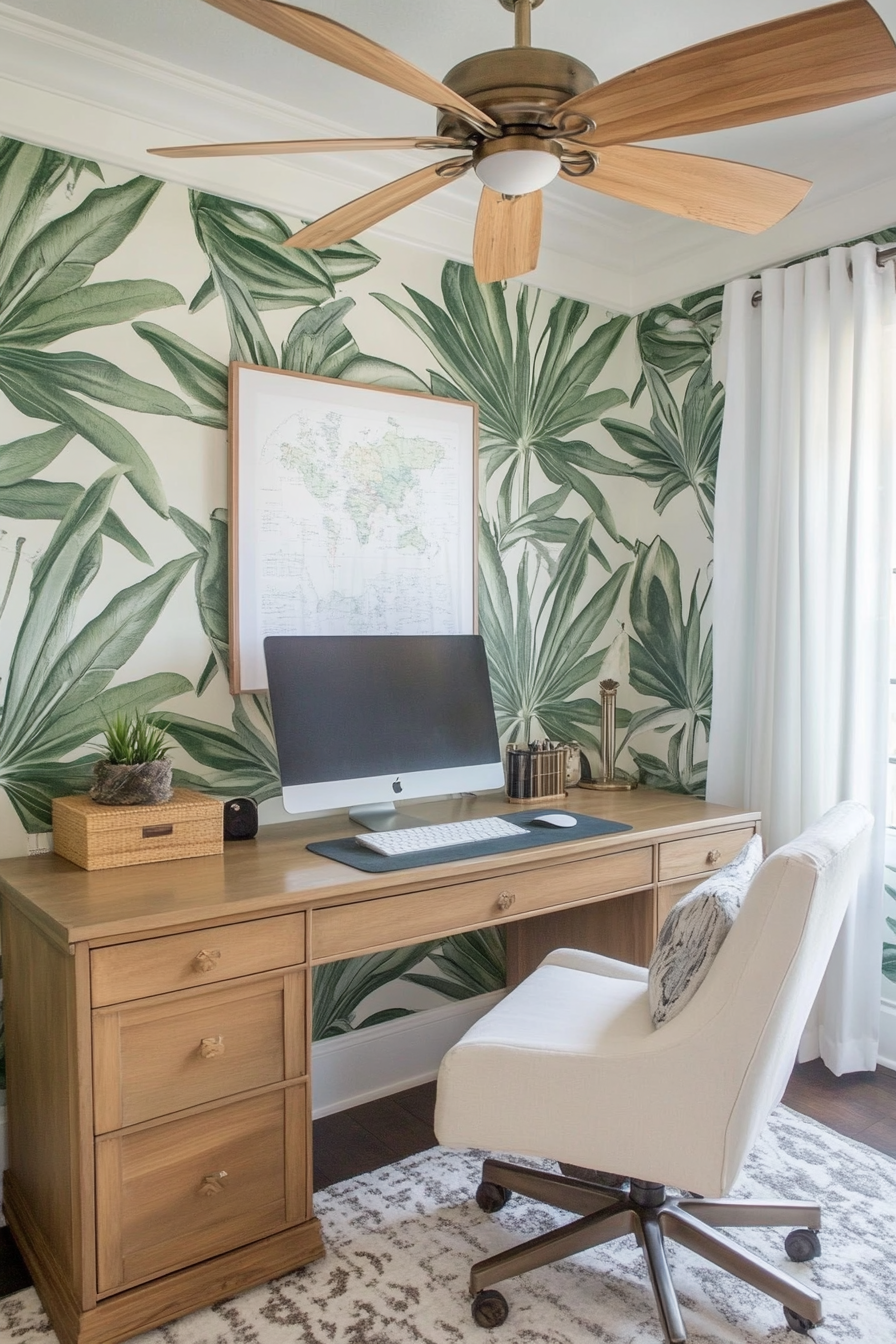 Tropical-modern tiny office. Teak ceiling fan against leaf patterned wallpaper.