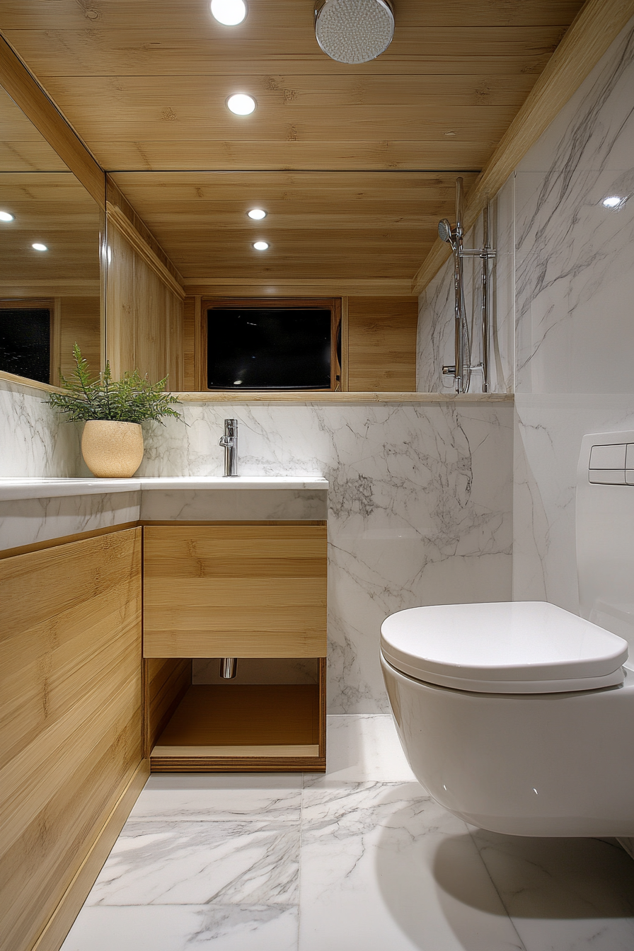 Camper bathroom. Marble tiling, smart toilet, rainfall shower, bamboo hidden storage.