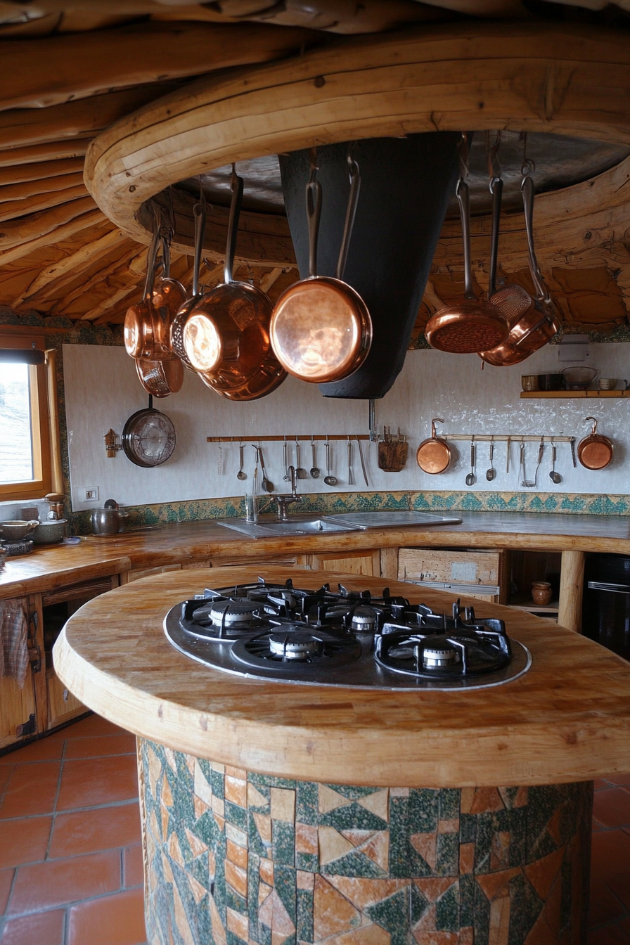 Alpine-style yurt kitchen. Wooden stove, crescent-shaped, copper countertops with hanging copper pots.