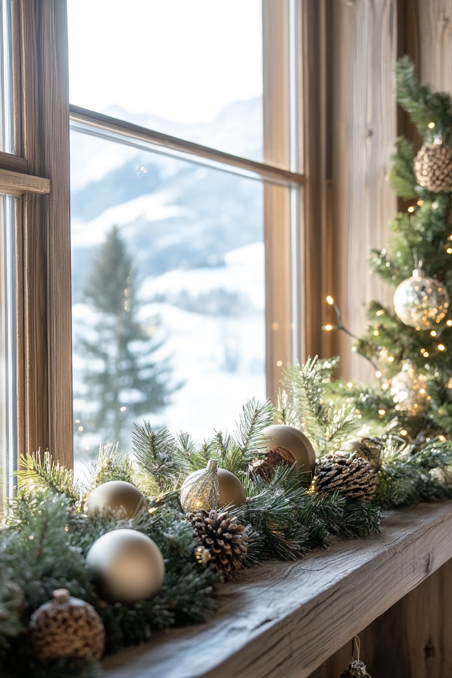 Farmhouse-style space. Pine garlands, wooden ornaments, snowy mountain view.