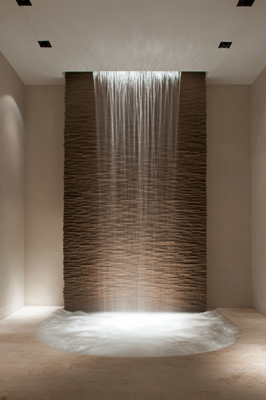 Meditation room. A vertical, towering waterfall feature against one white wall.